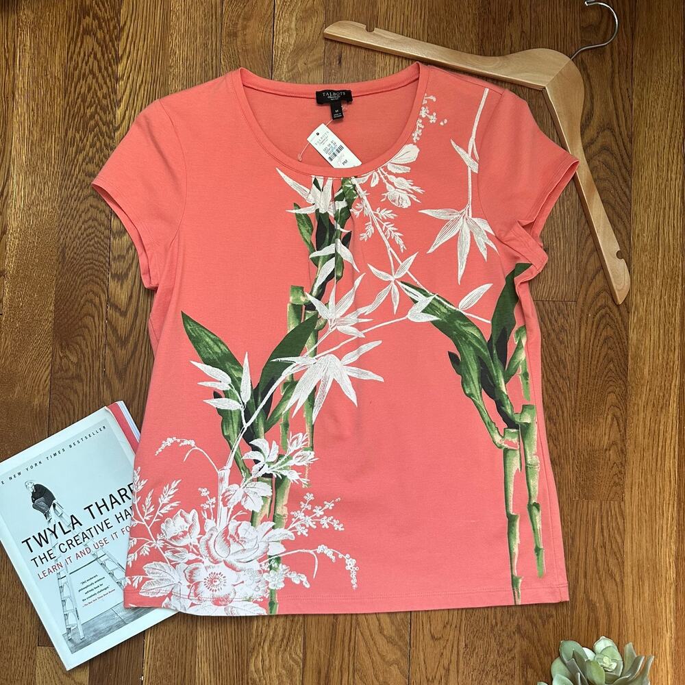 Talbots Peach Floral Bamboo Print Scoop Neck T-Shirt